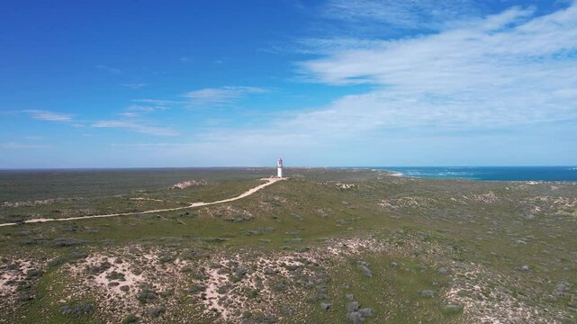 Aerial view of Quobba Lighthouse on a rugged coastline with serene ocean and blue sky, Gascoyne Region, Australia.