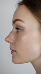 52. A side profile showcasing the soft curve of the forehead, nose, and jawline, minimal expression, white background