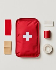 Minimalist Emergency Kit Design Red Safety Pack with White Cross on Clean Surface - Modern Urban Preparedness and Efficient Home Safety Solutions