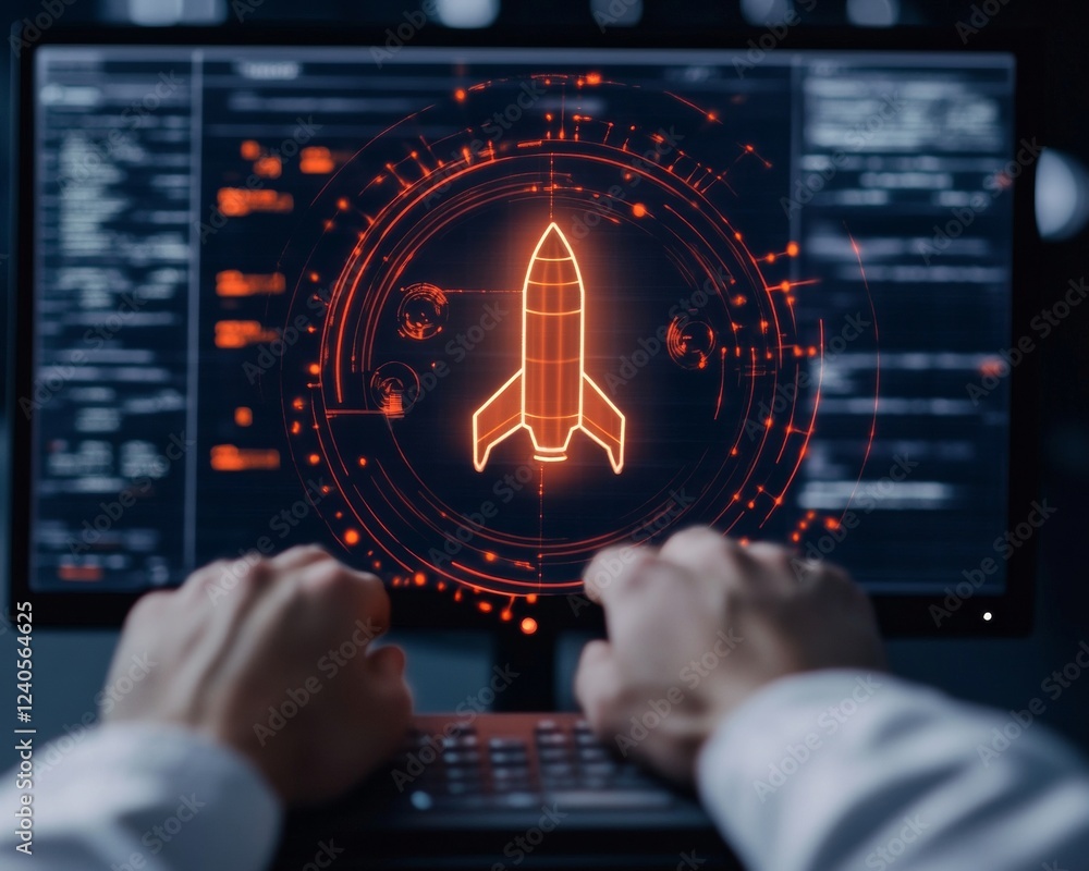 Poster Futuristic Aerospace Data Interface Neon Digital Display with Rocket Trajectory Visualization Innovating Computational Systems for Advanced Engineering Solutions