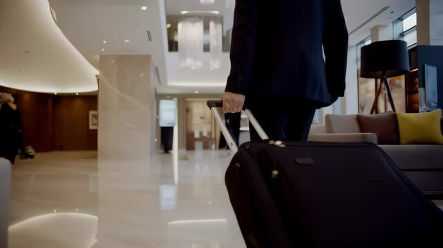 A businessman in a suit pulls a rolling suitcase through a modern hotel lobby, representing business travel and corporate lifestyle.
