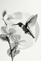 Naklejka premium Minimalist collage of a hummingbird hovering near a flower with geometric shapes