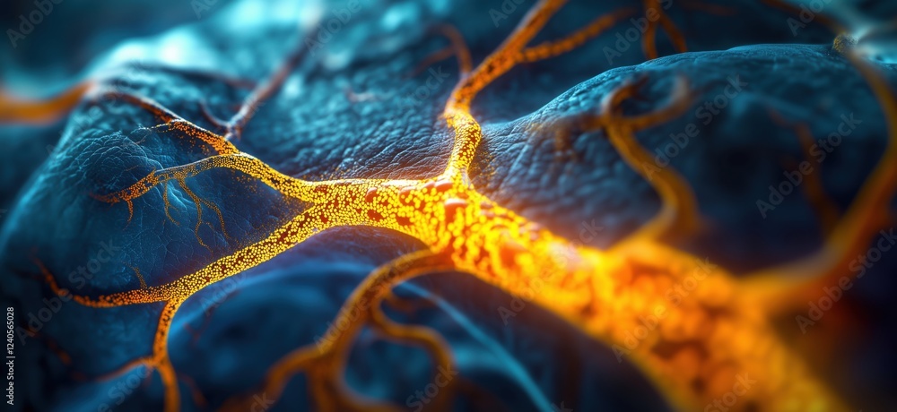 Poster neural network visualization with glowing axons and dendrites, abstract representation of brain conn