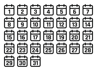 Calendar 1-31 Numbers. Days of the month calendar numbers. Vector stock illustration.