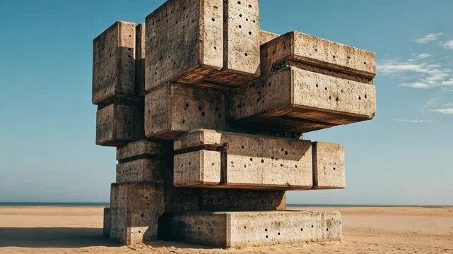 Large concrete sculpture stands on sandy beach under clear blue sky during daytime