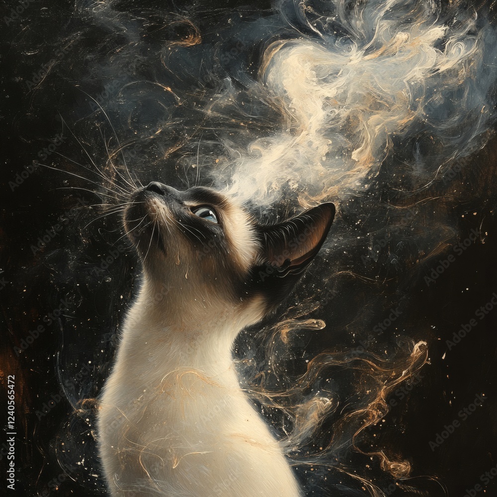 Poster capture siamese cat releasing a stream of smoke where the word 'meow' faintly emerges within the art