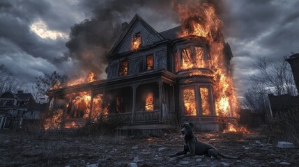 A burning abandoned house illustrates the haunting beauty of decay and destruction in a stormy twilight sky filled with smoke and chaos