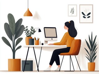 A stylish home office setup featuring a woman working at a desk with plants, modern decor, and warm colors.