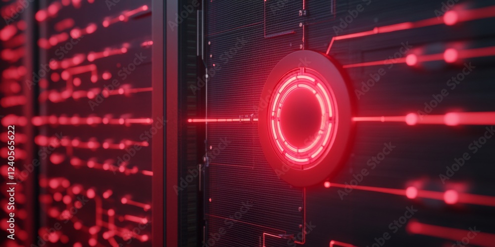 Fototapete Cybersecurity Aesthetic Red Neon Firewall Interface with Data Matrix Overlay - Digital Fortress Imagery for Tech Enterprise Risk Management and Compliance Solutions