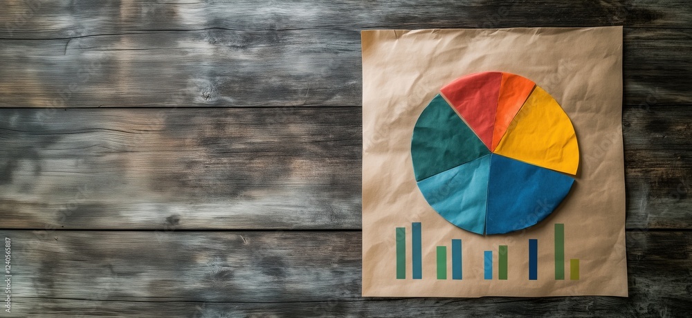 Poster colorful pie chart and bar graph on brown paper background showcasing data visualization techniques,