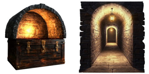 Mystical treasure chest and illuminated underground tunnel evoke a sense of adventure and mystery in a fantasy setting