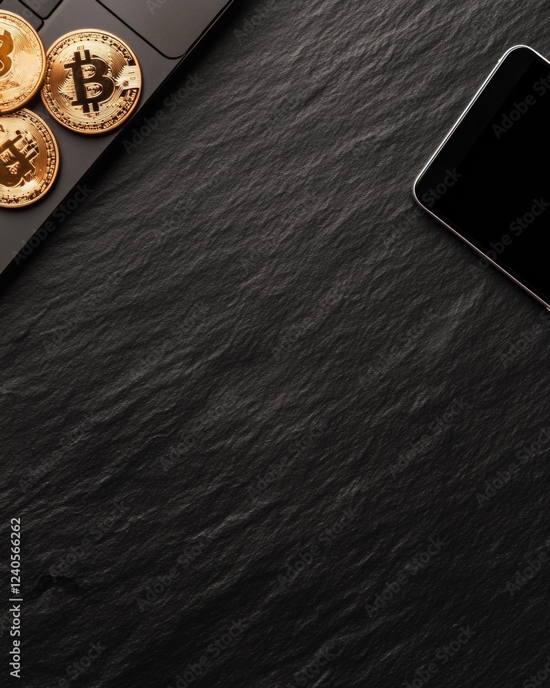Aufkleber futuristic crypto workspace golden coin stack, laptop and smartphone on textured matte black - advan