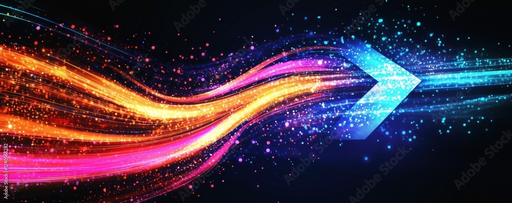 Poster dynamic abstract light trails with vibrant colors and directional arrow symbolizing movement and pro