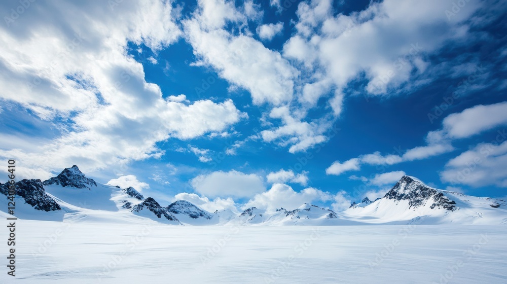 Poster snowy mountain landscape under a clear blue sky with white clouds during the day in a remote locatio