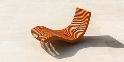 Biophilic Furniture Design Curved Wooden Chair in Sunlit Terrace Garden - Sustainable Seating for Modern Urban Spaces and Eco-Friendly Commercial Interiors