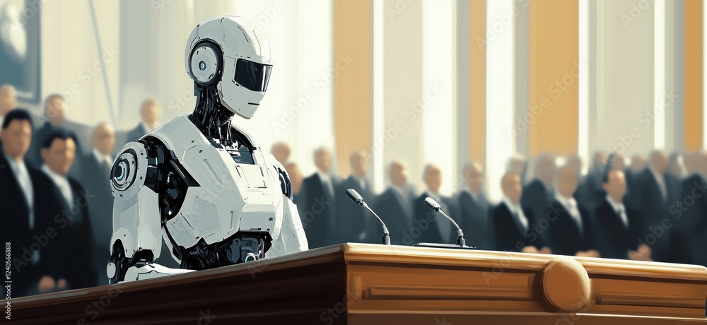 Poster robot delivering speech at podium in front of audience, futuristic setting, advanced technology, art