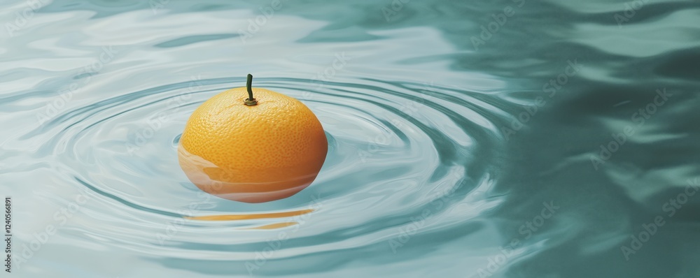 Poster floating lemon in tranquil water creating ripples, showcasing vibrant yellow color and smooth surfac