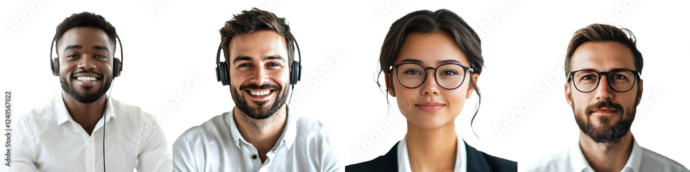 Poster Group of diverse professionals wearing headsets and smiling while engaged in communication tasks in a modern office setting