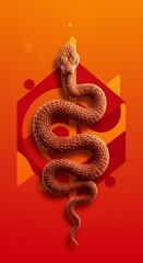 Fototapeta premium Abstract Red and Orange Geometric Background with a 3D Copper Snake