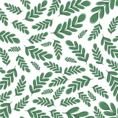 Seamless pattern of green leaf branches on a white background. Perfect for botanical designs, eco-friendly branding, textile prints, wallpapers, and nature-inspired digital art.