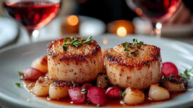 Deliciously seared scallops served with seasonal vegetables at an elegant dining setting