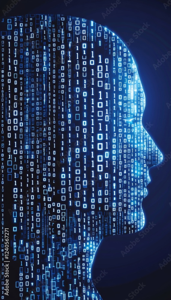 Poster human head profile composed of glowing binary code and circuitry, depicting artificial intelligence