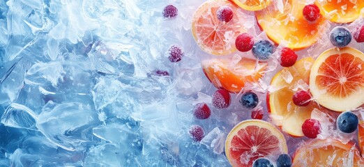 Frozen fruits on ice, vibrant citrus slices, raspberries, blueberries, refreshing summer treat, colorful healthy snack, bright and appetizing arrangement, copy space for text