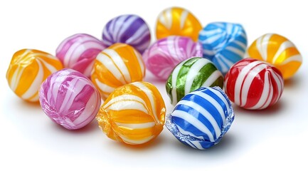 Obraz premium Colorful Swirled Hard Candies Arranged on White Background