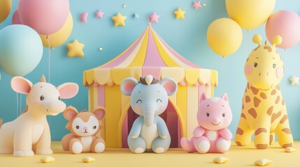 3D render of cute cartoon animals in front of a circus tent, with pastel colors of yellow and pink, balloons and stars in the background, and cute baby jungle animal sculptures. Rendering style
