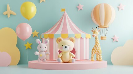Obraz premium Adorable 3D Render of Playful Animals at a Circus Tent with Balloons and Pastel Colors.