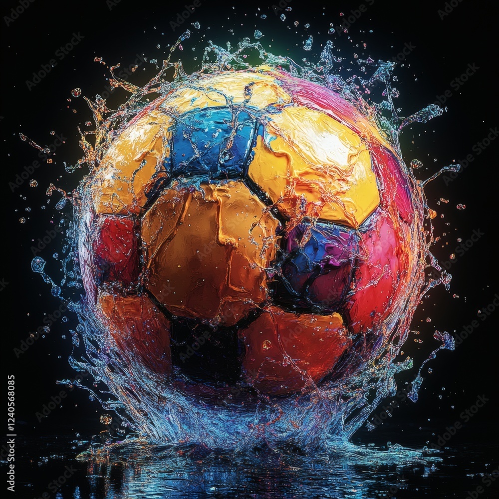 Poster capture vivid impressionist rendering of a soccer ball created with colorful liquid paint splashes p
