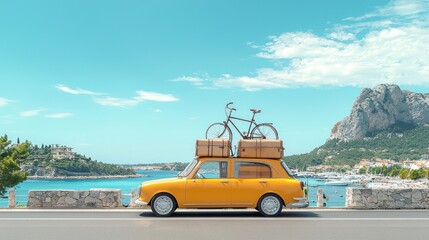 Naklejka premium Yellow Vintage Car with Bicycles on a Coastal Road Trip