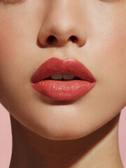 Naklejka premium Close-up of lips with cherry red pink lipstick or lip gloss