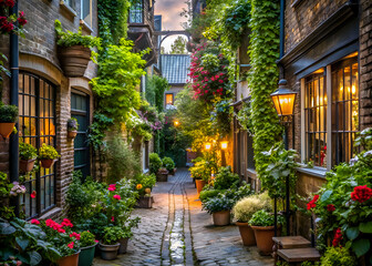 Fototapeta premium A charming. cobblestone alleyway lined with lush greenery and warm lamplight.