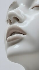 Naklejka premium 80. A close-up of a human face with sculpted cheekbones and smooth lines from forehead to chin, white background