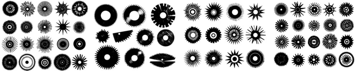 Dark outlines of various contemporary circular saw blades.