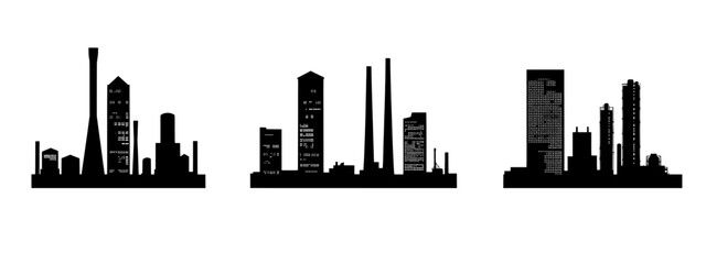 Obraz premium A white-backgrounded set of industrial structures, showcasing black outlines of factories and plants, rendered in a contemporary flat design.
