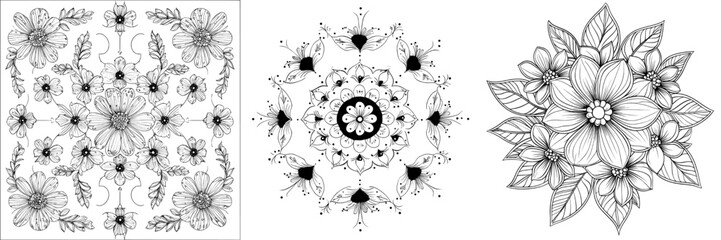 A flower-decorated background. A modern black and white mandala design. A round ornamental pattern. A floral print pattern.