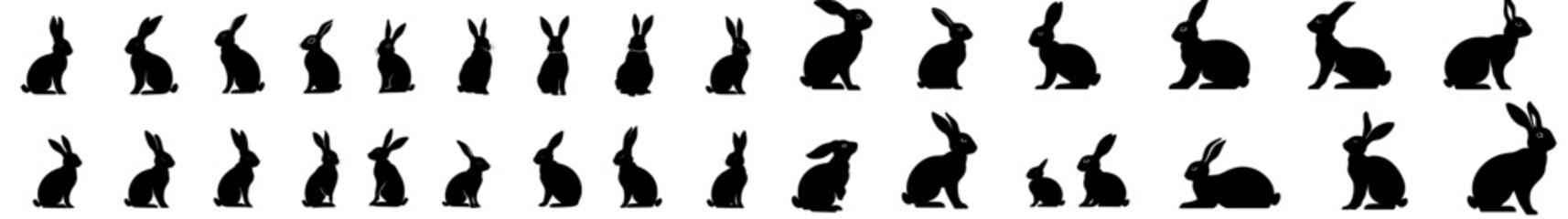 A collection of black rabbit silhouettes in a modern style, depicting different poses such as side, back, close-up, sitting, standing, and running, with an Easter bunny theme. Stock.