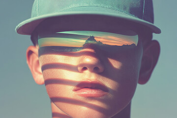 Reflective shades capture a breathtaking sunset over a serene landscape, showcasing a young boy's curious gaze