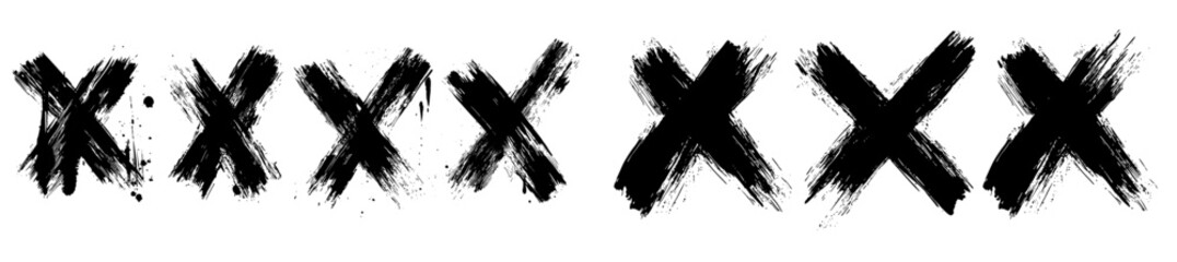 X creates cross marks in black ink. A modern series of grunge error or cancellation symbols. Isolated, rough brush strokes, incorrect rejection icons, monochrome sketch cancellation or removal signs.