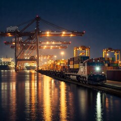 Fototapeta premium vibrant night container port with a massive freight locomotive at the pier. Bright lights reflect off metal surfaces, highlighting cranes, cargo ships, and the scale of global trade.