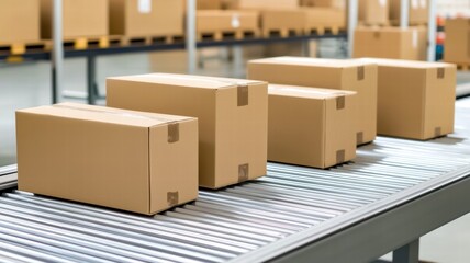 A row of cardboard boxes on a conveyor belt in a warehouse setting, indicating a process of sorting or shipping.
