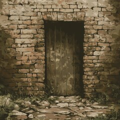 Old Wooden Door Set In A Brick Wall