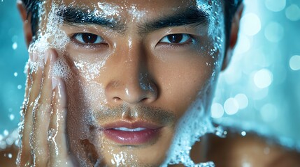An Asian man washing his face with fresh water and facial cleanser, with glowing skin and space for text or branding
