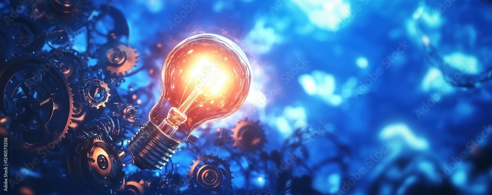 Aufkleber illuminated light bulb surrounded by intricate gears and cogs, symbolizing innovation and creativity