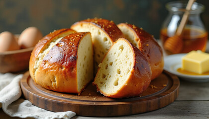 Golden honey bread loaf on wooden board with butter and eggs