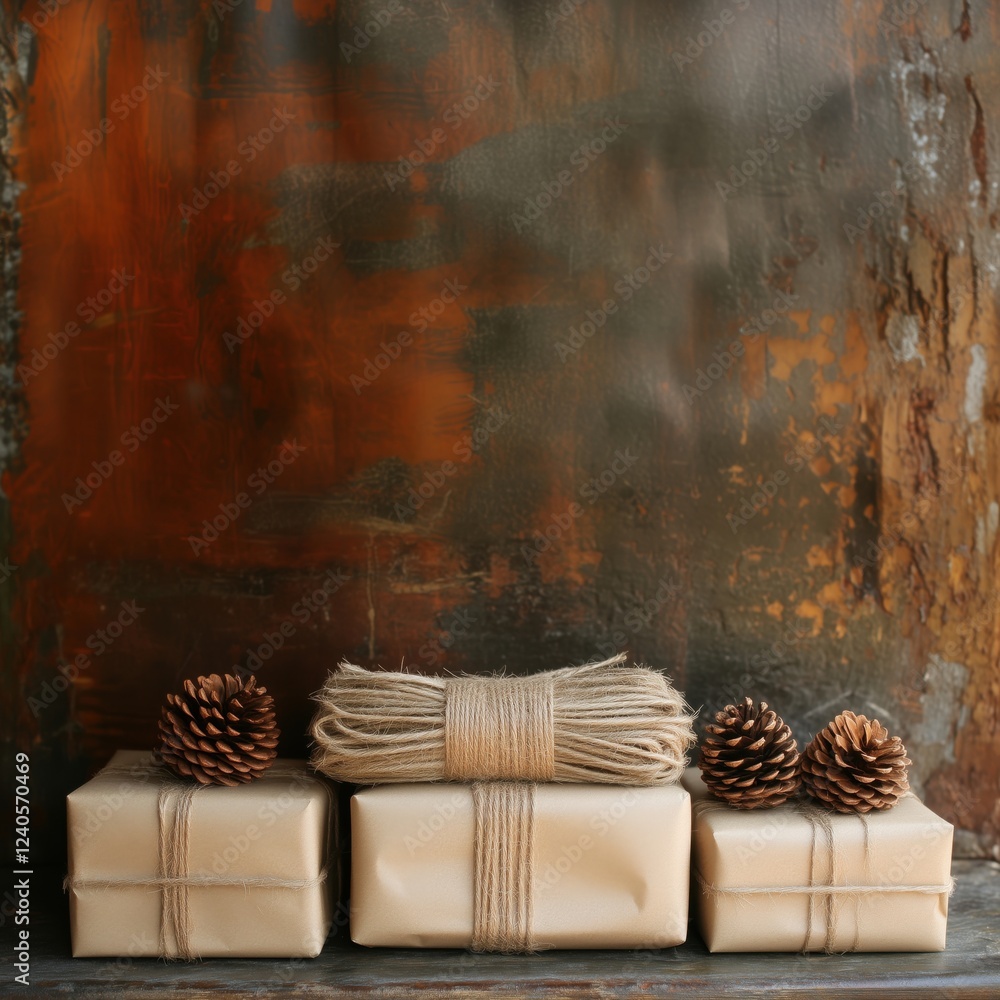 Poster rustic gift wrapping with natural elements, featuring three neatly wrapped presents adorned with twi