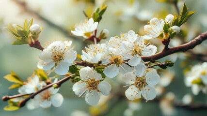 Obraz premium Delicate white blossoms on a branch, evoking spring's beauty