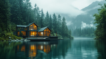 Fototapeta premium Modern mountain retreat surrounded by lush greenery and towering peaks in a serene alpine setting during autumn